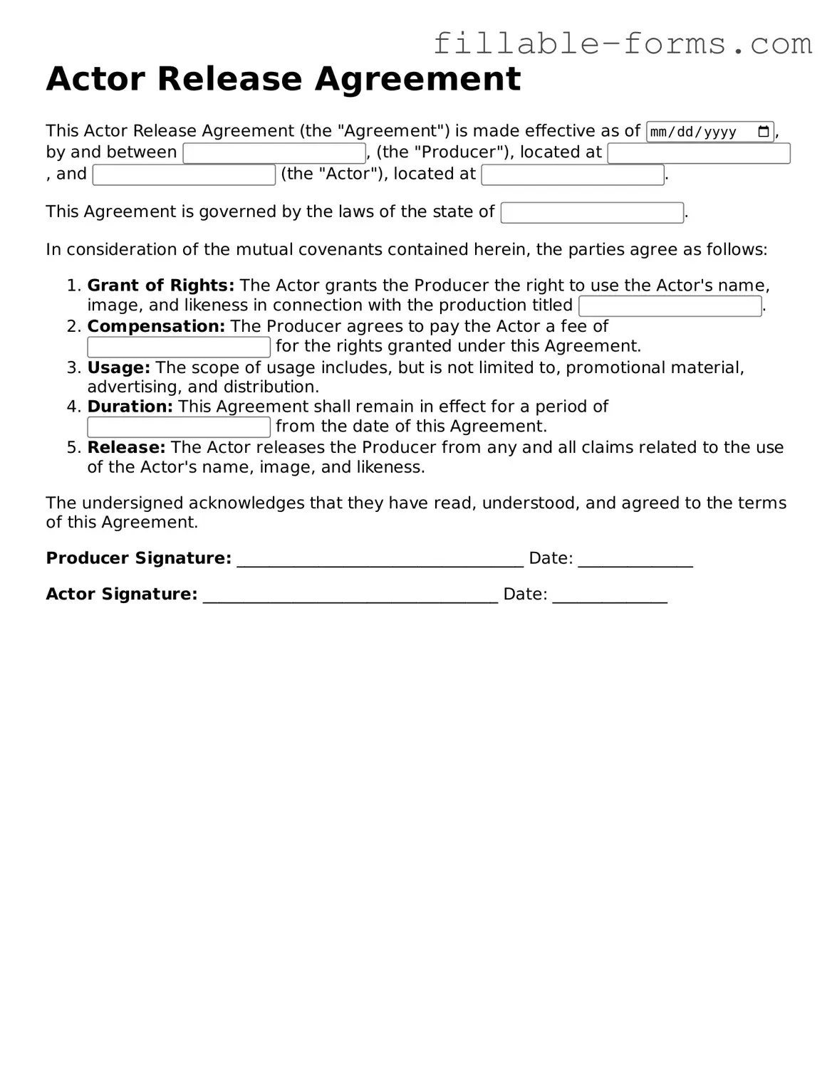 Printable Actor Release Form