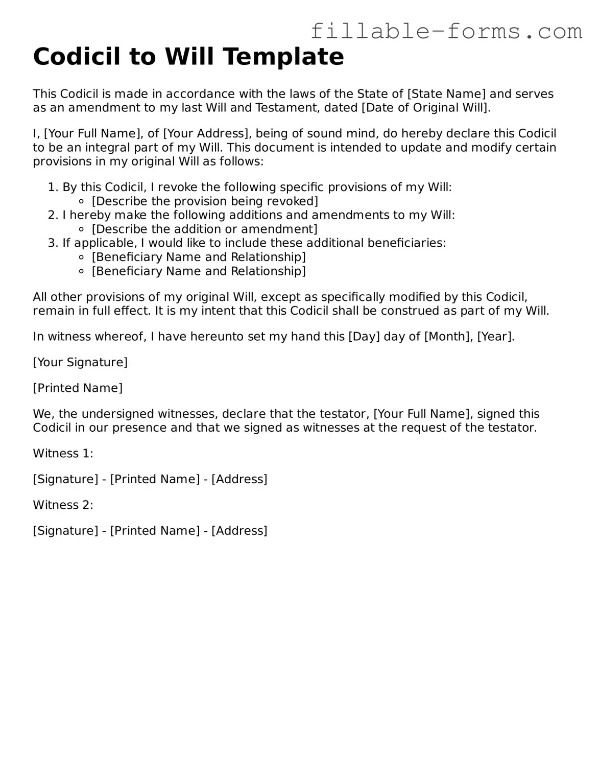 Printable Codicil to Will Form