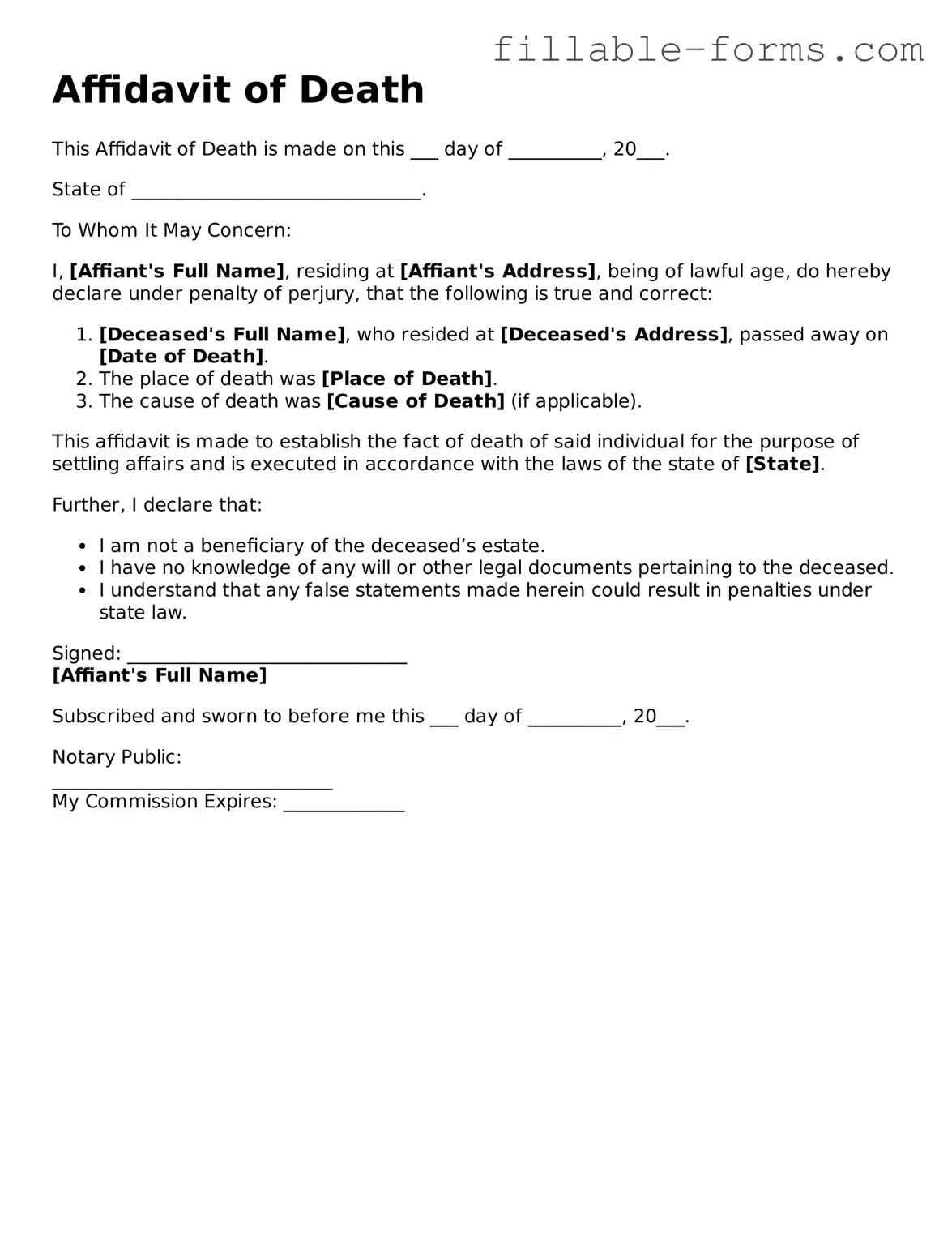 Printable Affidavit of Death Form