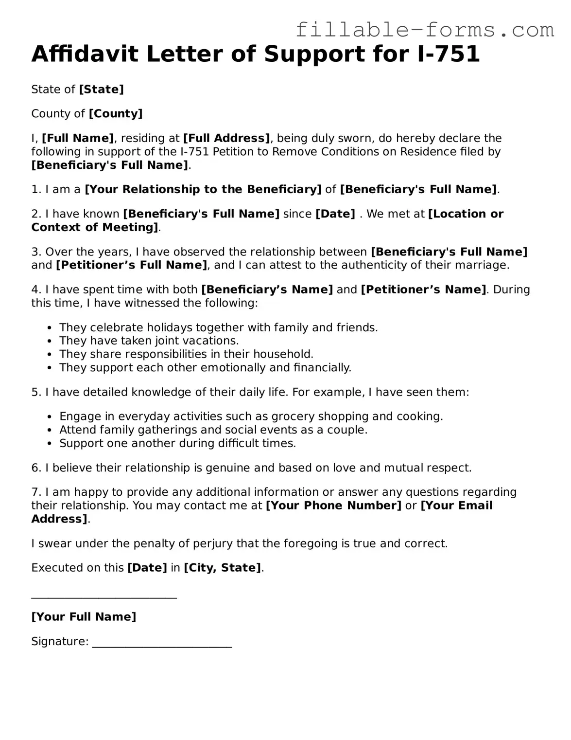 Printable Affidavit Letter of Support for I-751 Form
