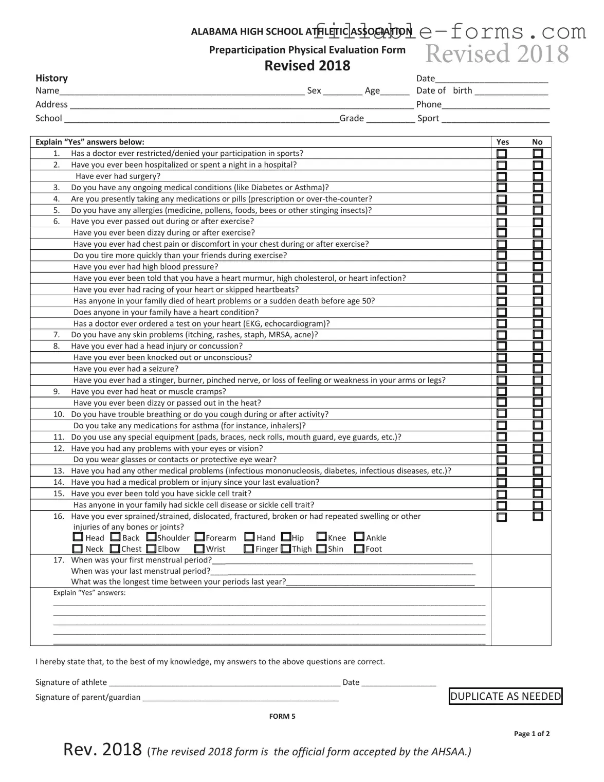 Fill Out a Valid Alabama High School Physical Template