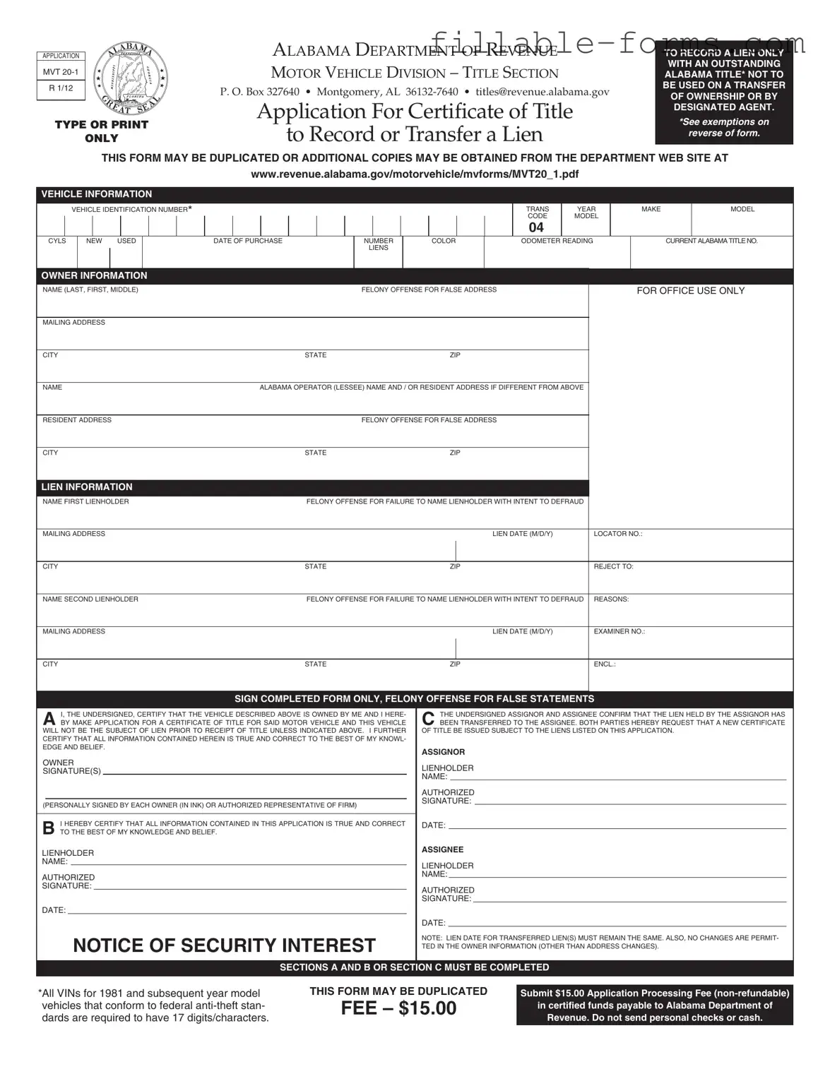 Fill Out a Valid Alabama Mvt 20 1 Template