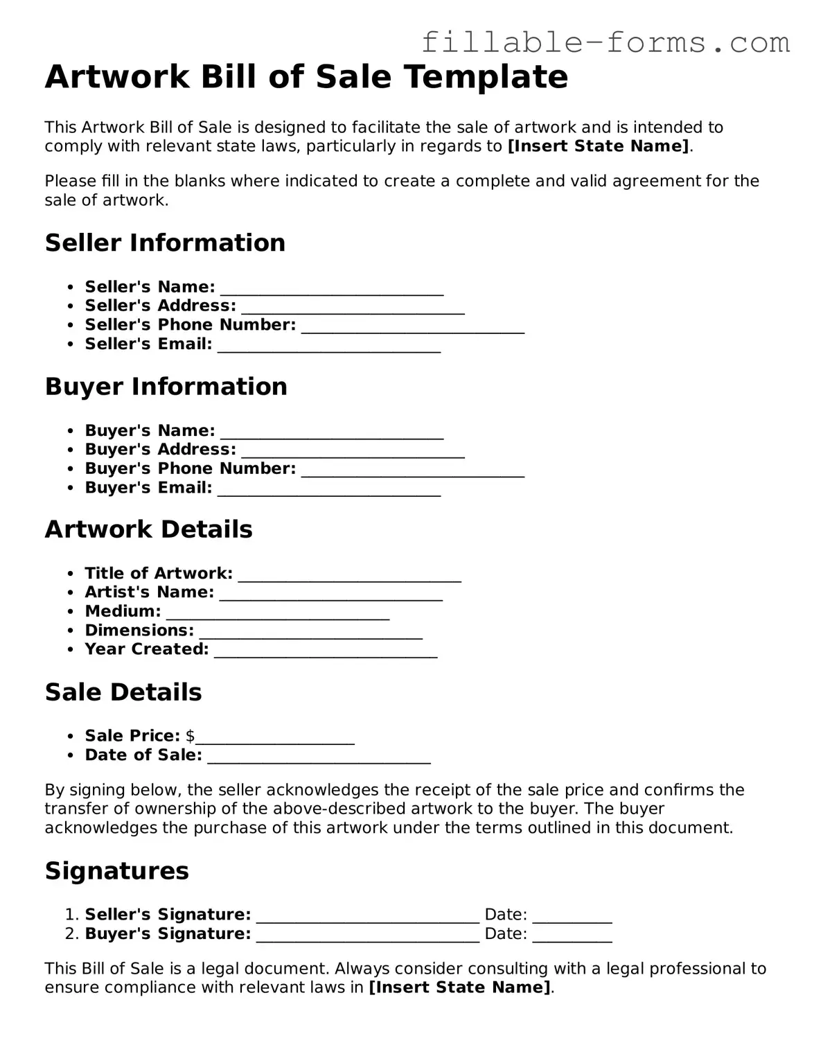 Printable Artwork Bill of Sale Form