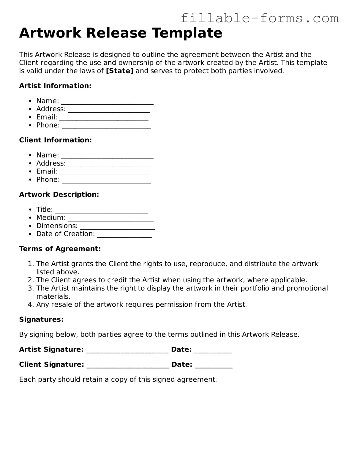 Printable Artwork Release Form