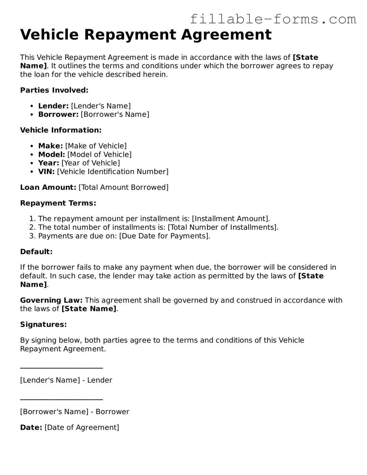 Printable Vehicle Repayment Agreement Form