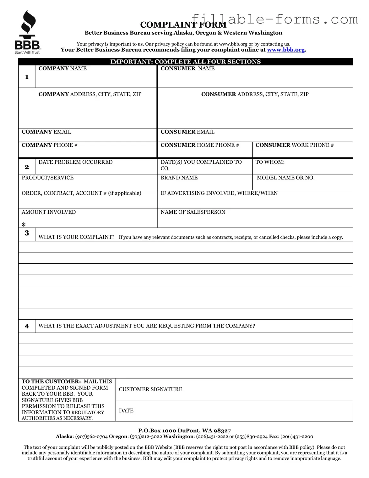 Fill Out a Valid Bbb Complaint Template
