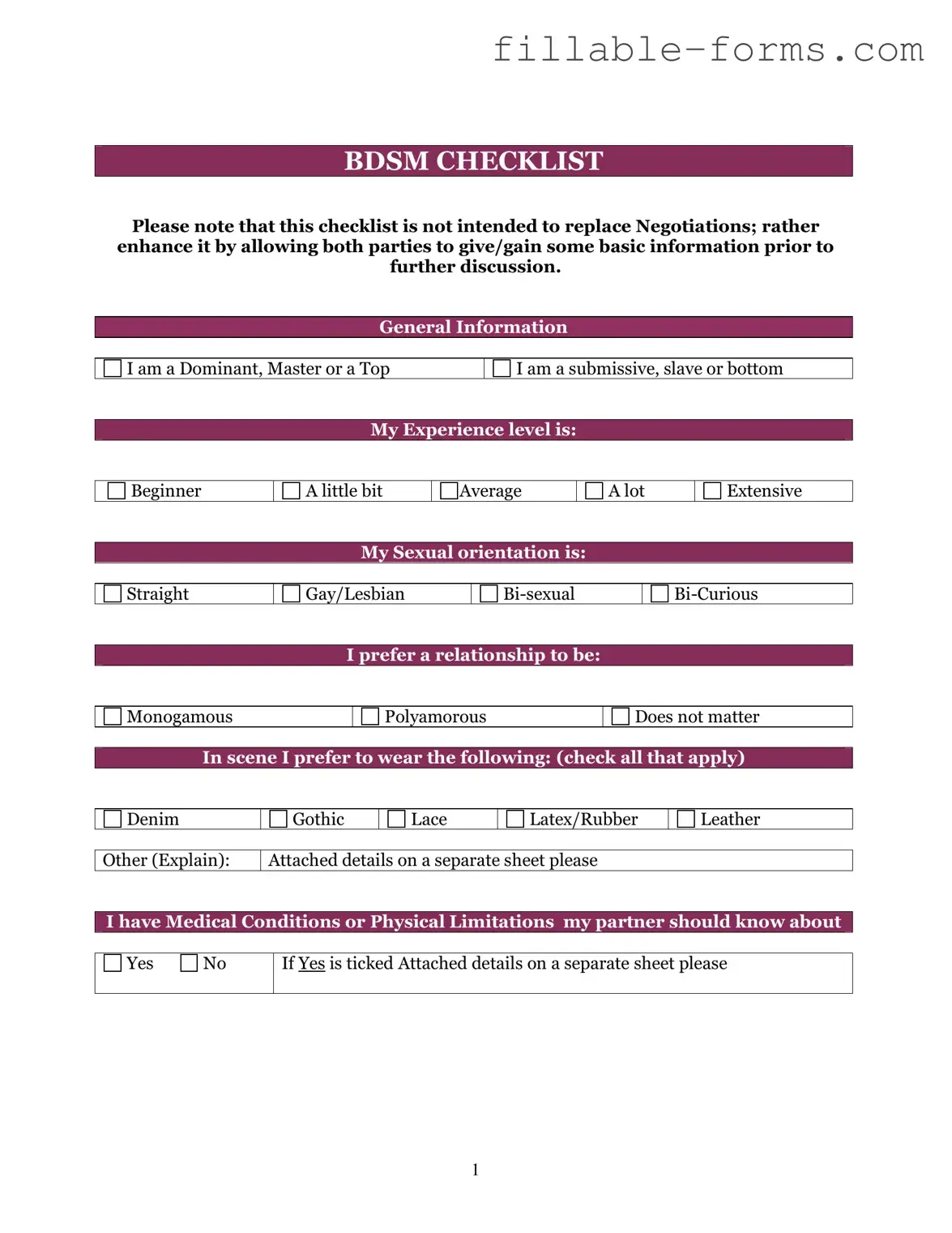 Fill Out a Valid Bdsm Checklist Template