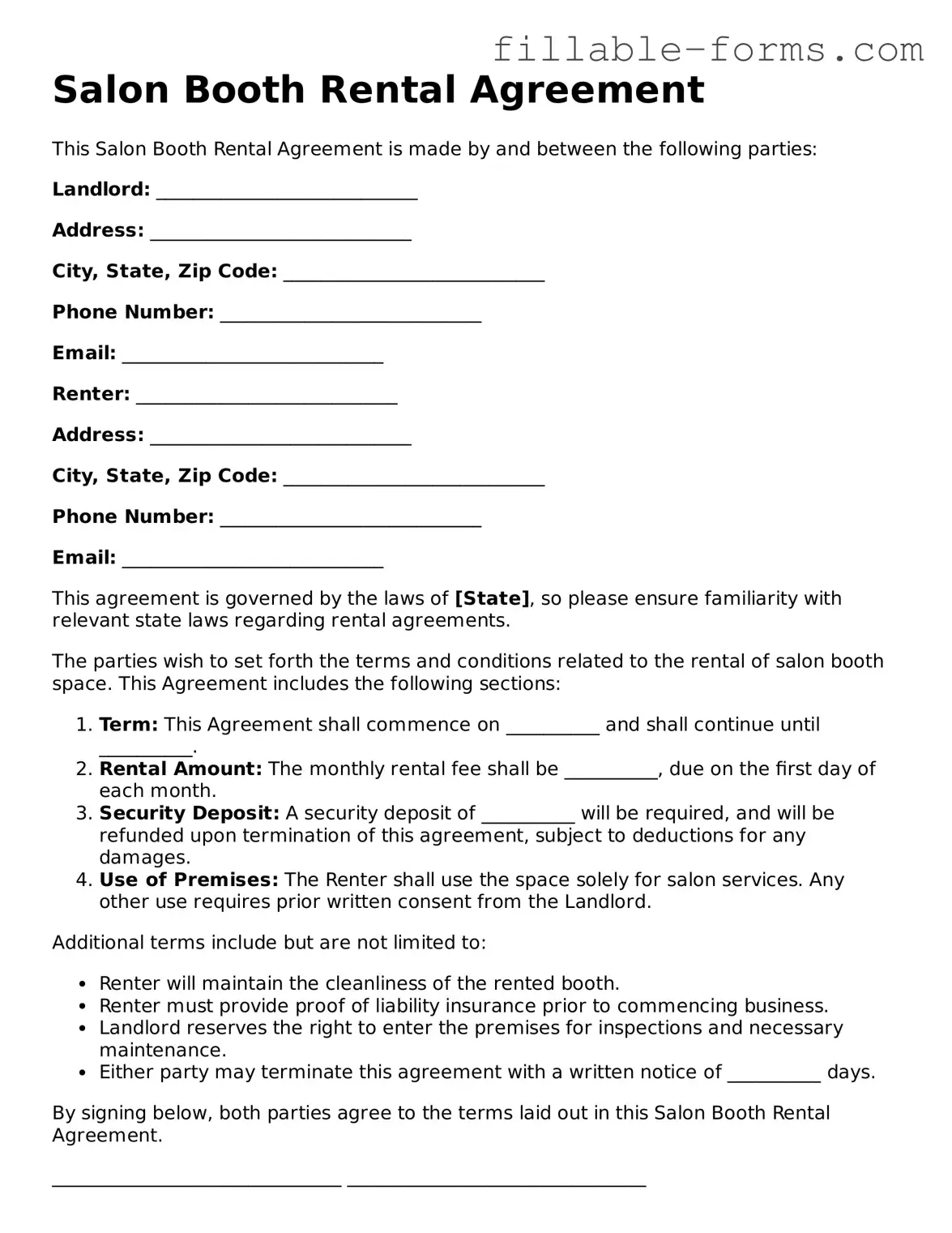 Printable Salon Booth Rental Agreement Form