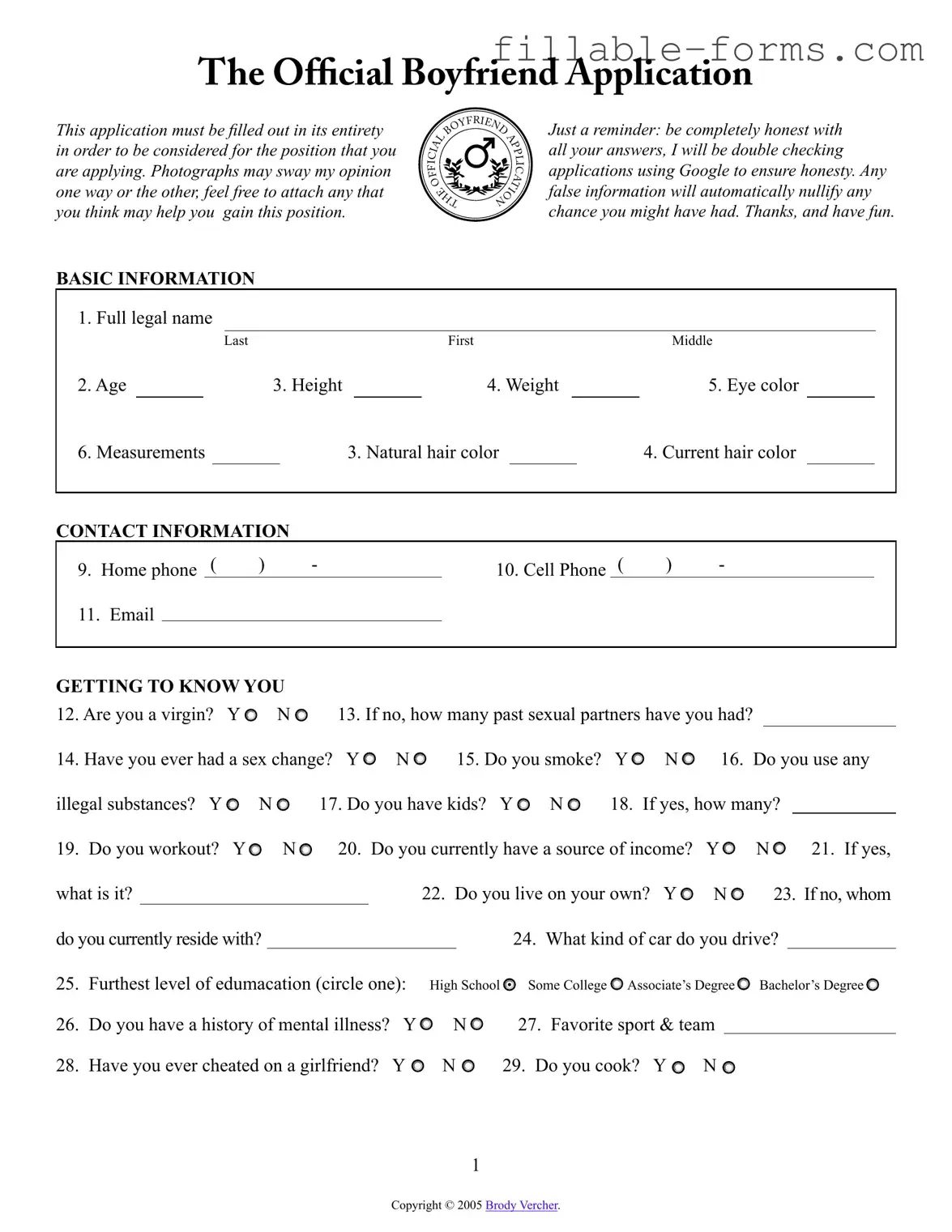 Fill Out a Valid Boyfriend application form Template