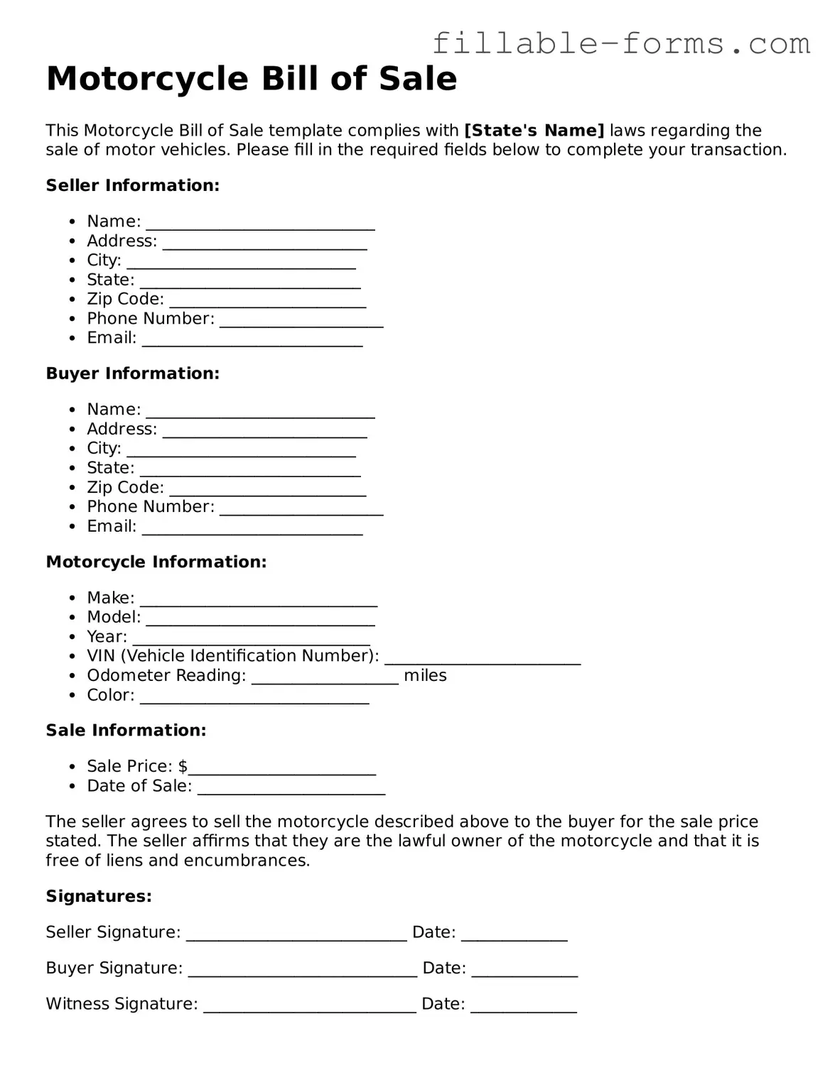 Printable Motorcycle Bill of Sale Form