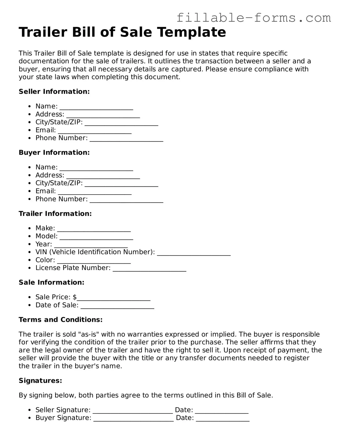 Printable Trailer Bill of Sale Form