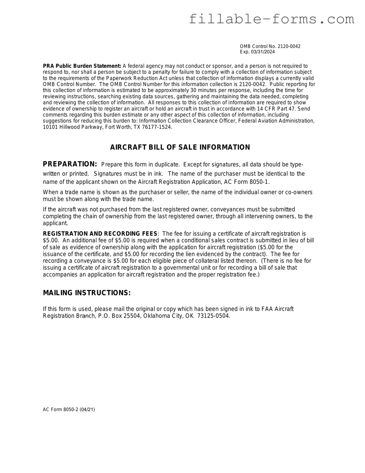 Fill Out a Valid Aircraft Bill of Sale AC 8050-2 Template