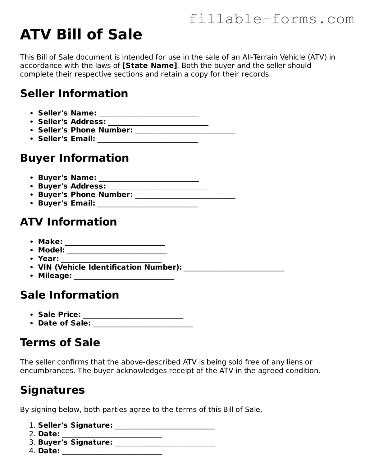 Printable ATV Bill of Sale Form