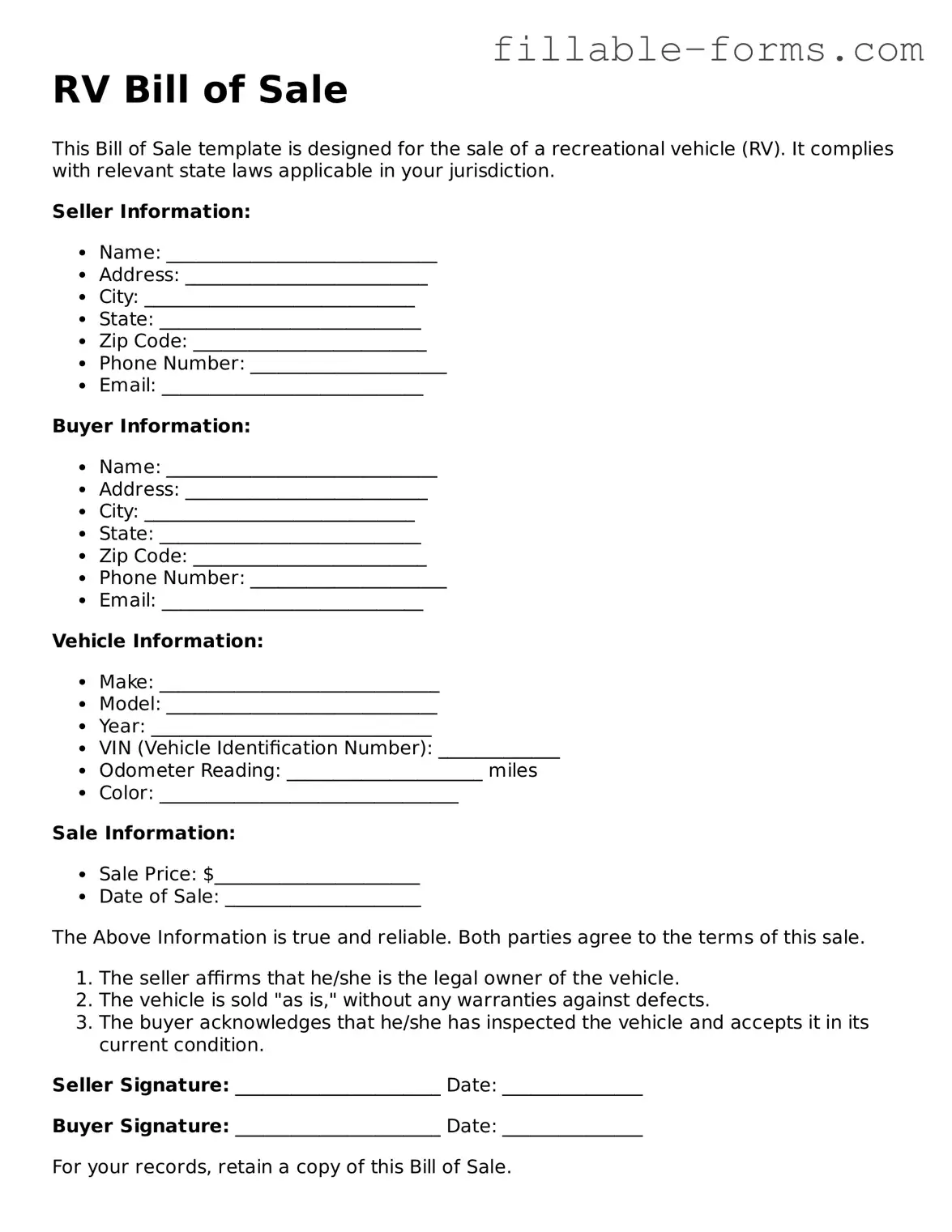 Printable RV Bill of Sale Form