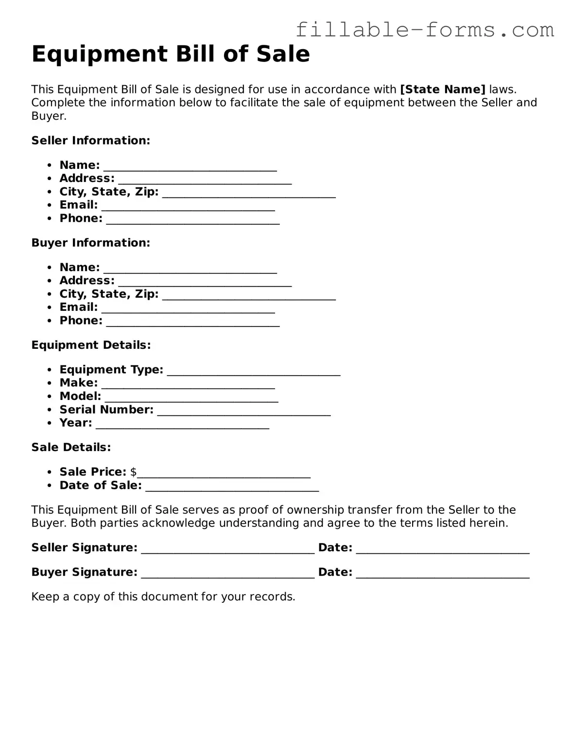 Printable Equipment Bill of Sale Form