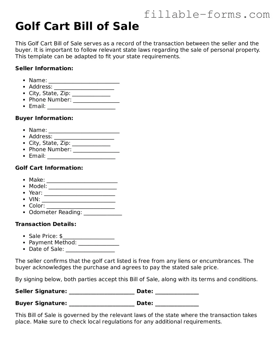 Printable Golf Cart Bill of Sale Form