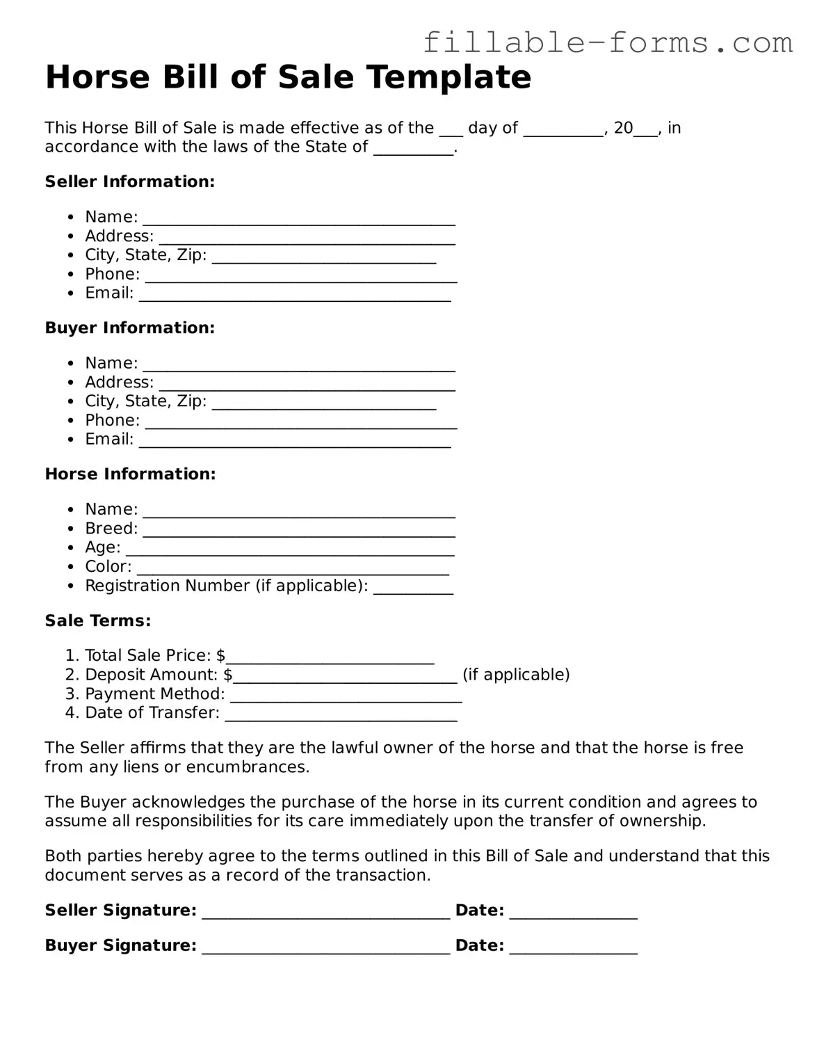 Printable Horse Bill of Sale Form