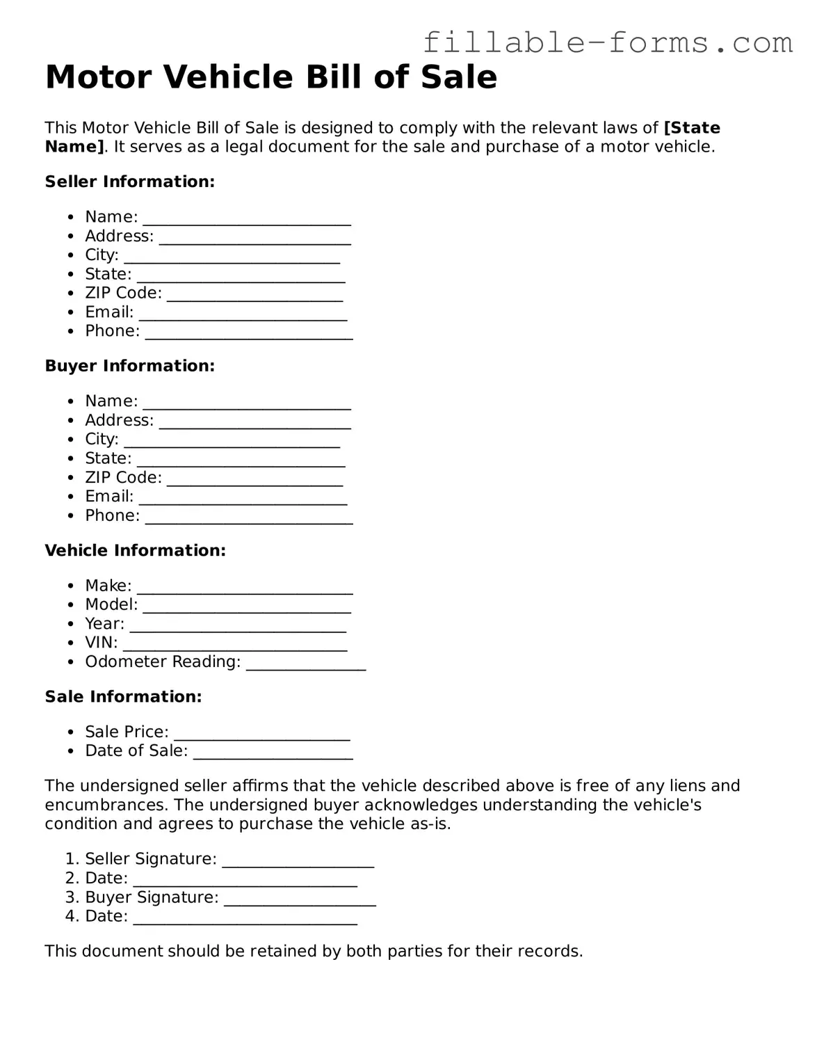 Printable Motor Vehicle Bill of Sale Form