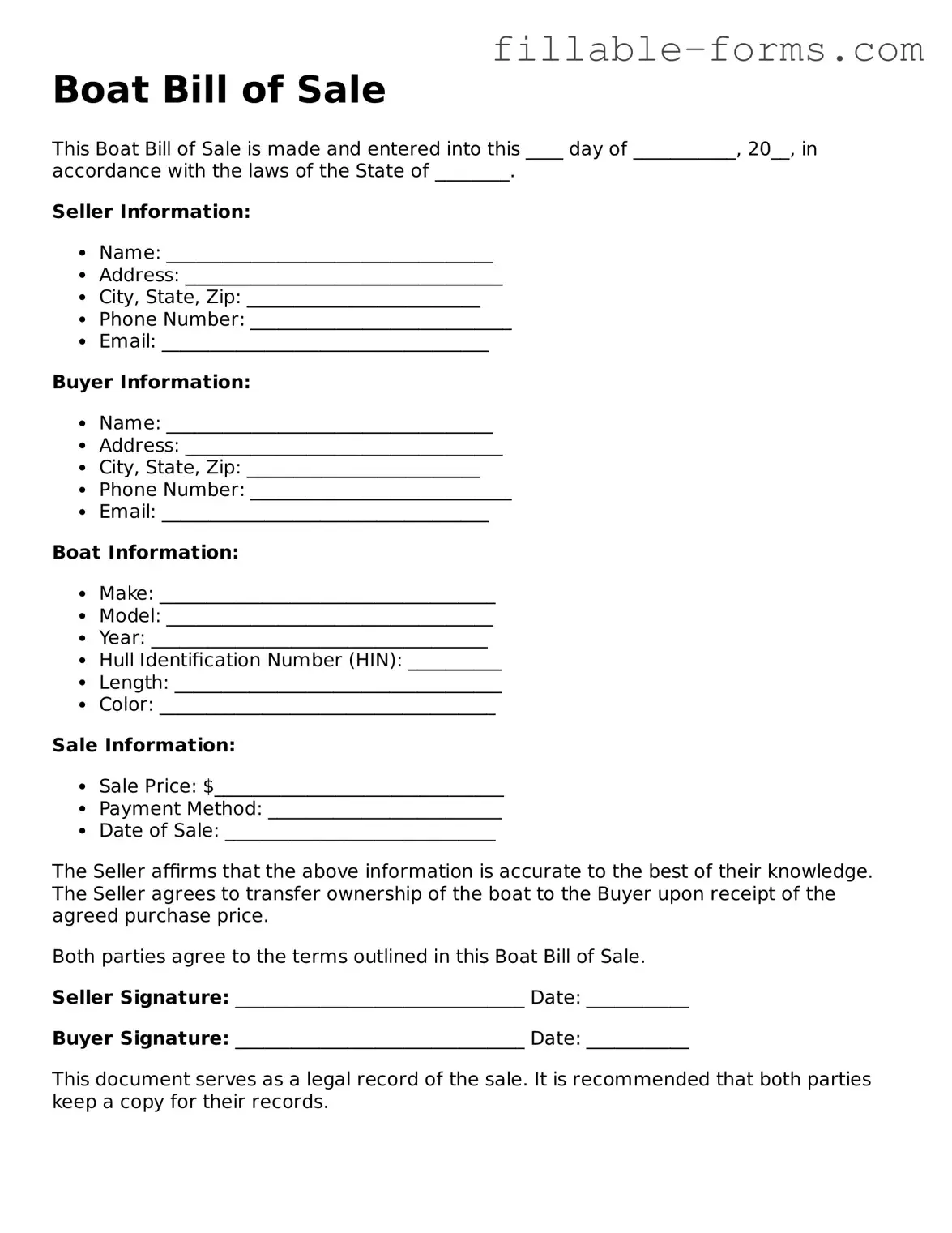 Printable Boat Bill of Sale Form