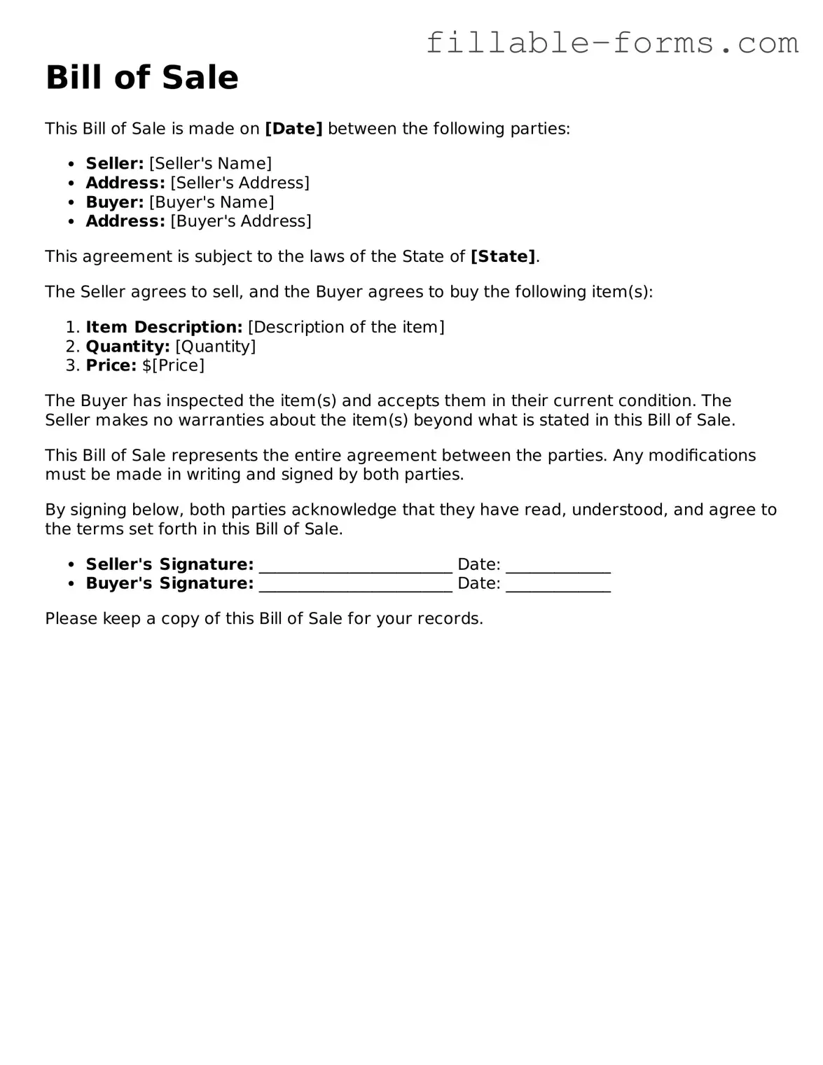 Printable Bill of Sale Form