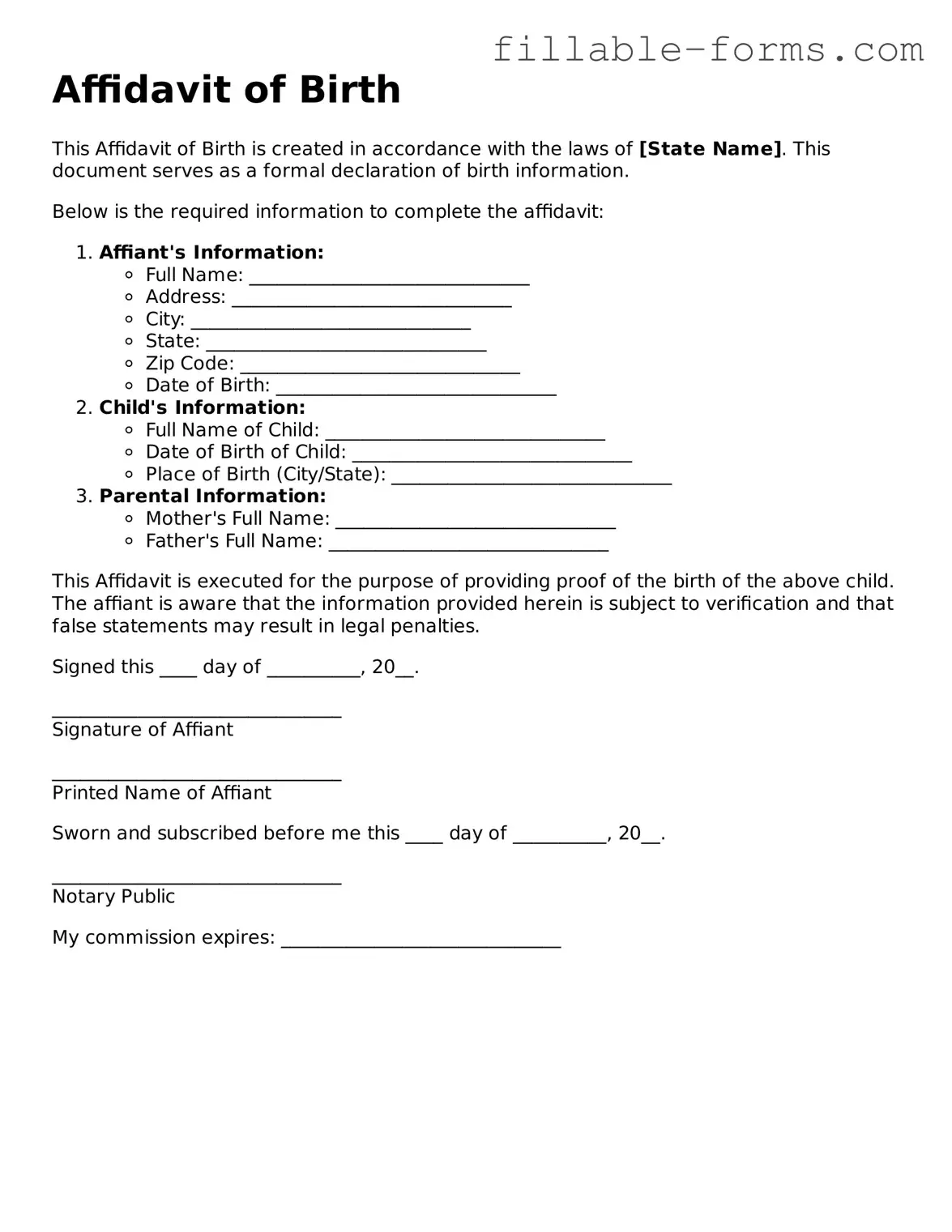Printable Affidavit of Birth Form