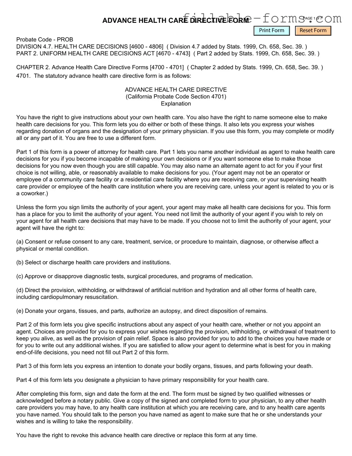 Fill Out a Valid California Advanced Health Care Directive Template