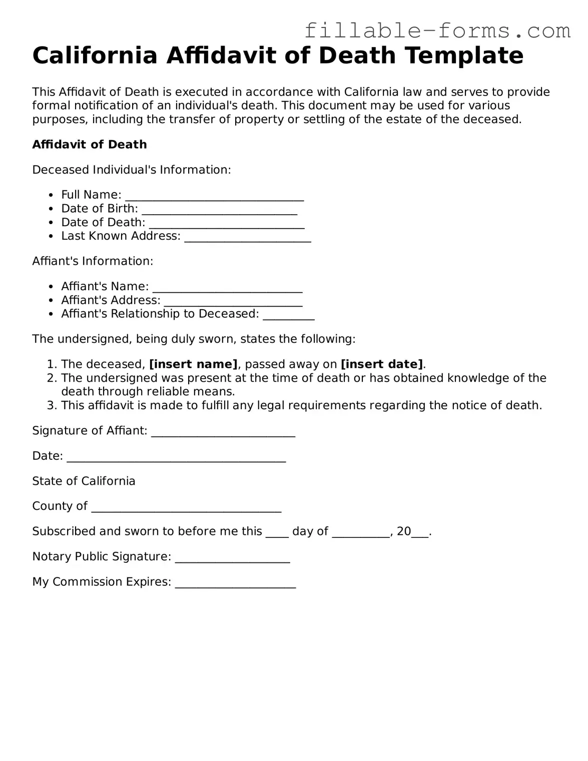 Printable  Affidavit of Death Form for California