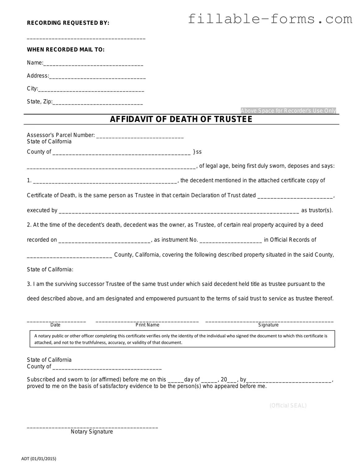Fill Out a Valid California Affidavit of Death of a Trustee Template