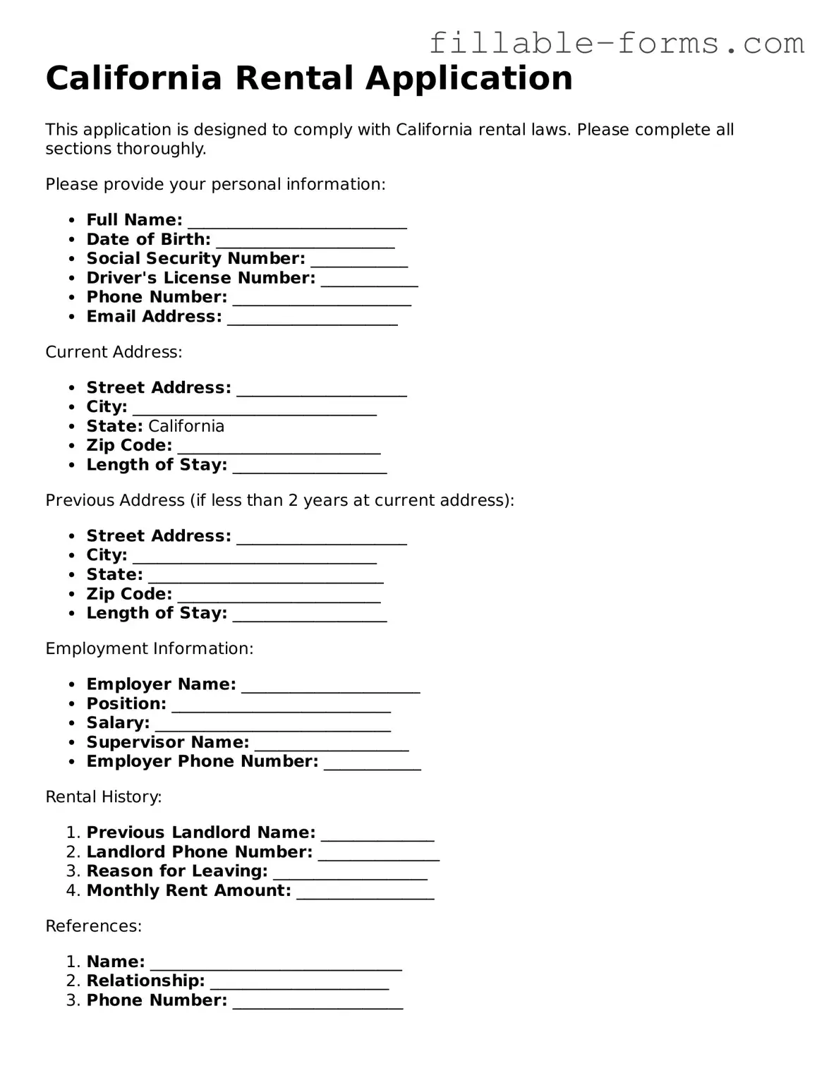 Printable  Rental Application Form for California