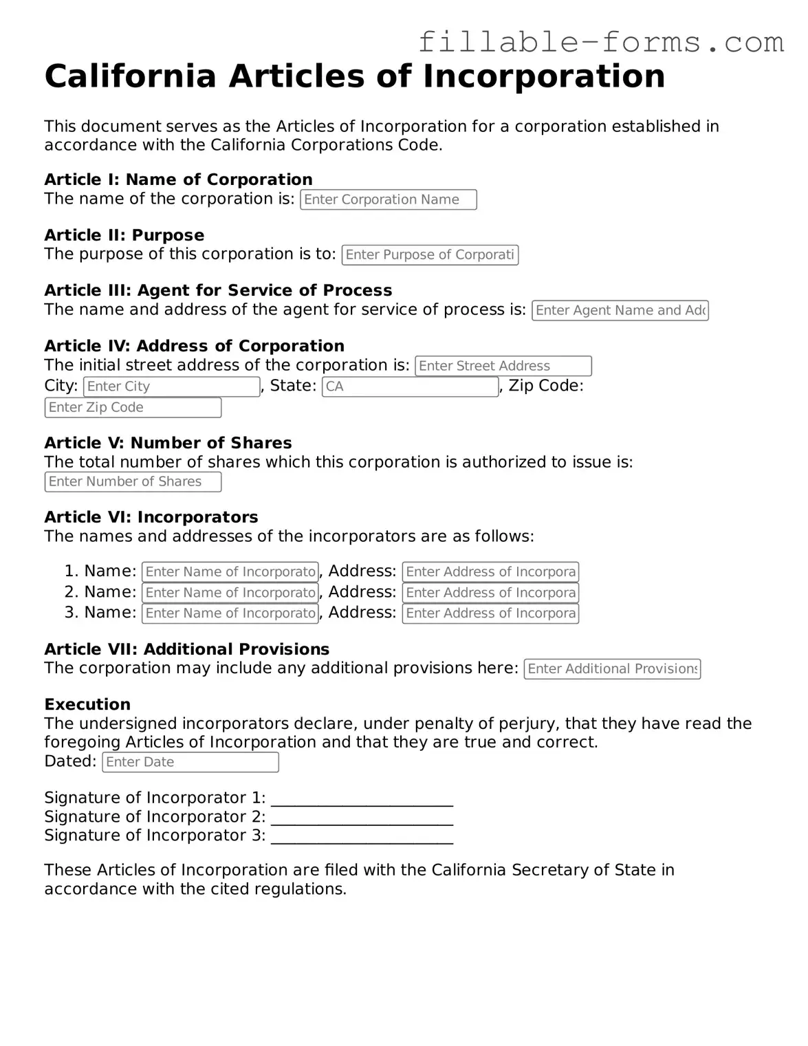 Printable  Articles of Incorporation Form for California