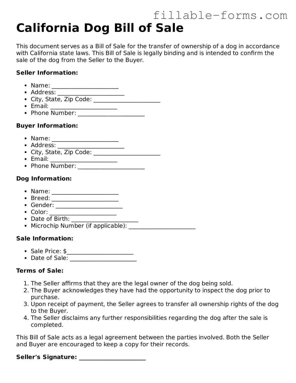 Printable  Dog Bill of Sale Form for California