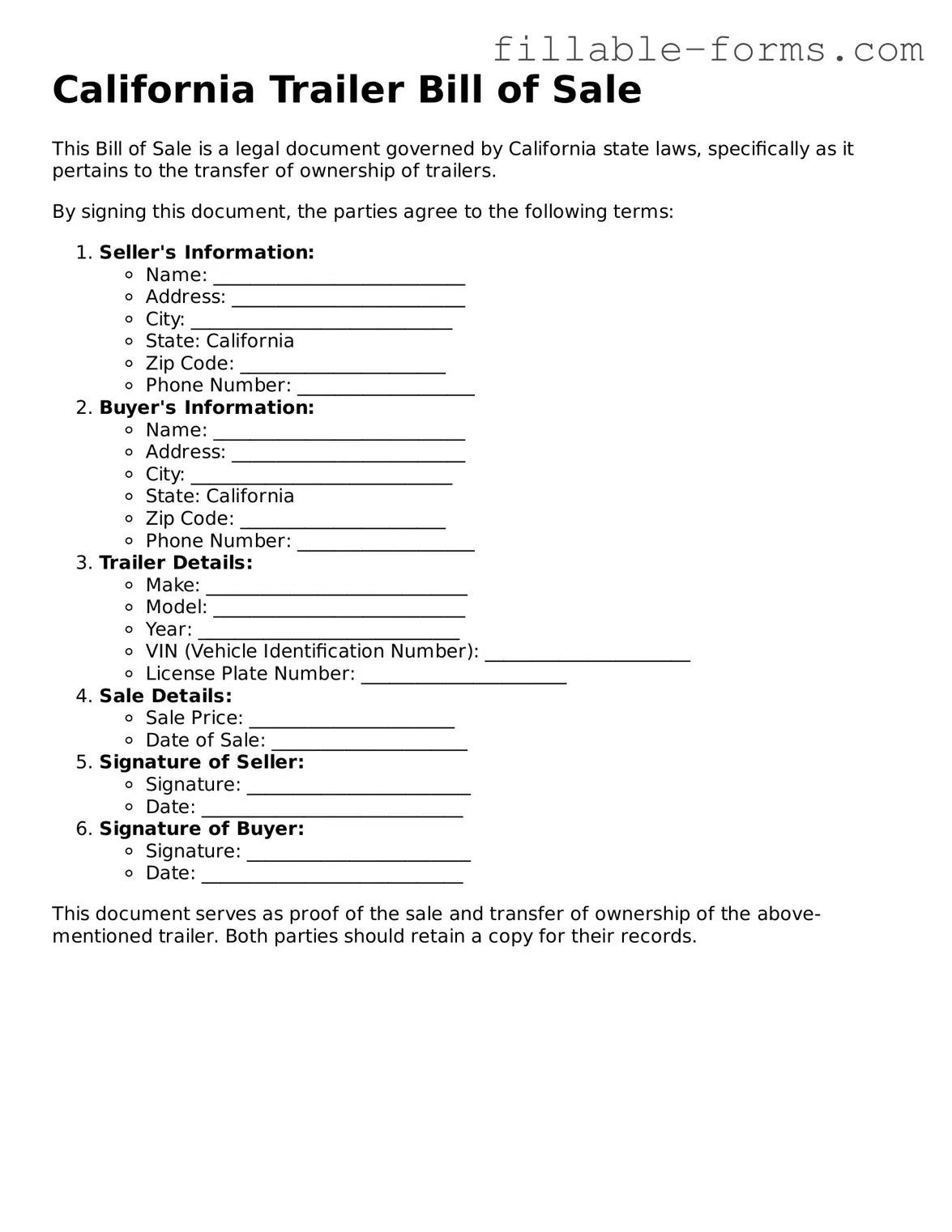 Printable  Trailer Bill of Sale Form for California