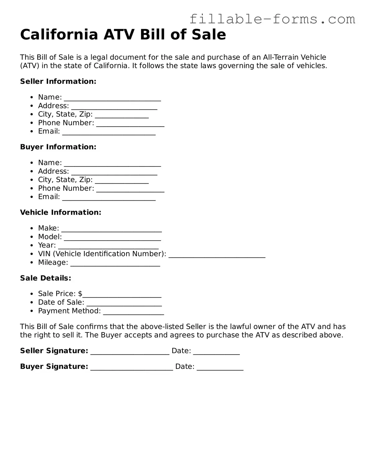 Printable  ATV Bill of Sale Form for California