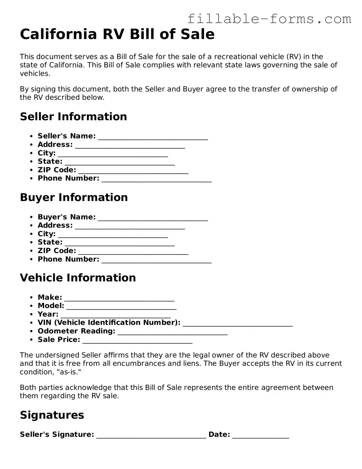 Printable  RV Bill of Sale Form for California
