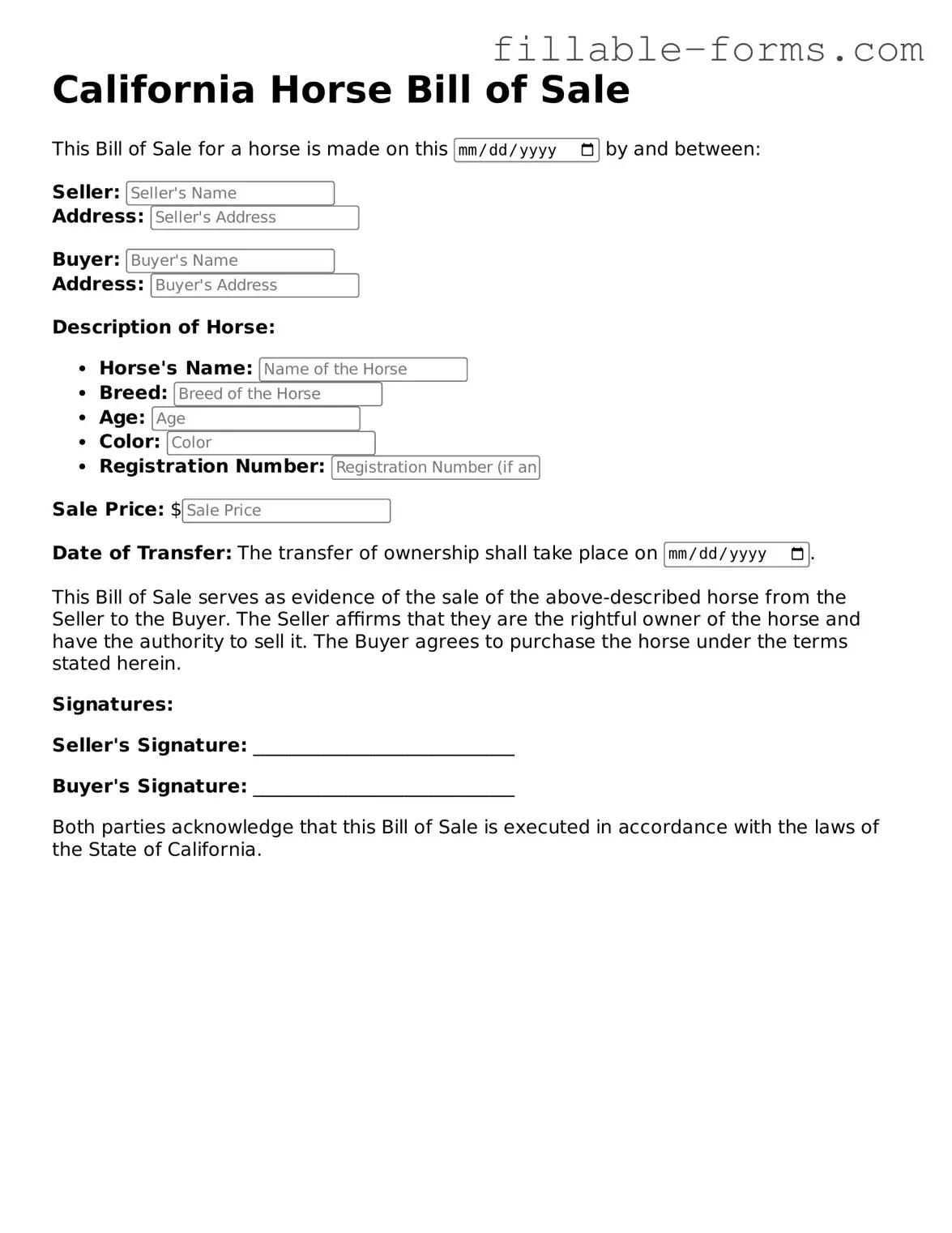 Printable  Horse Bill of Sale Form for California
