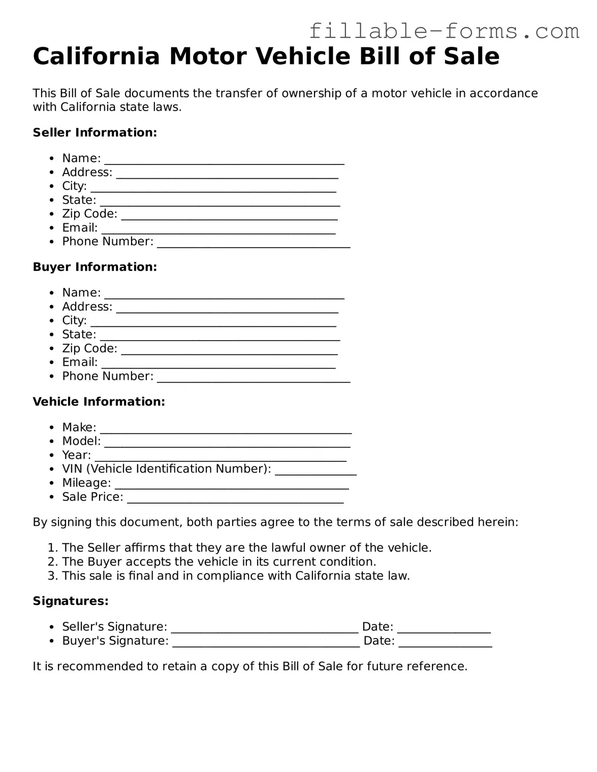 Printable  Motor Vehicle Bill of Sale Form for California