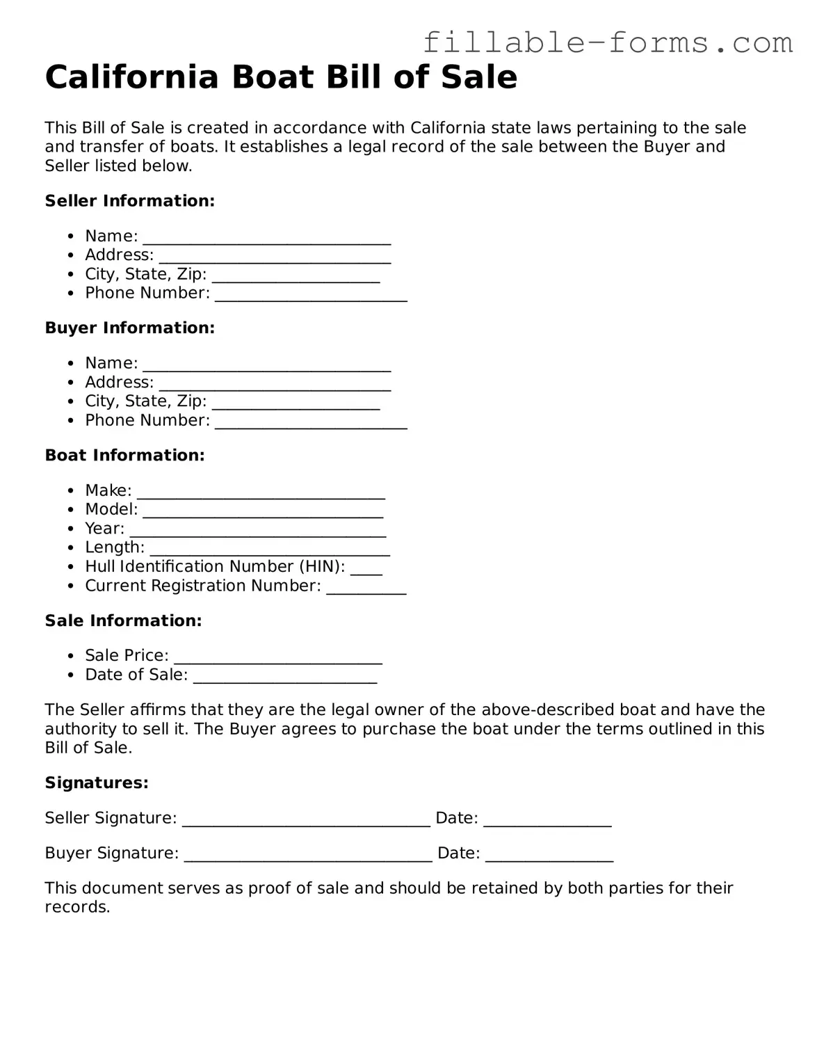Printable  Boat Bill of Sale Form for California