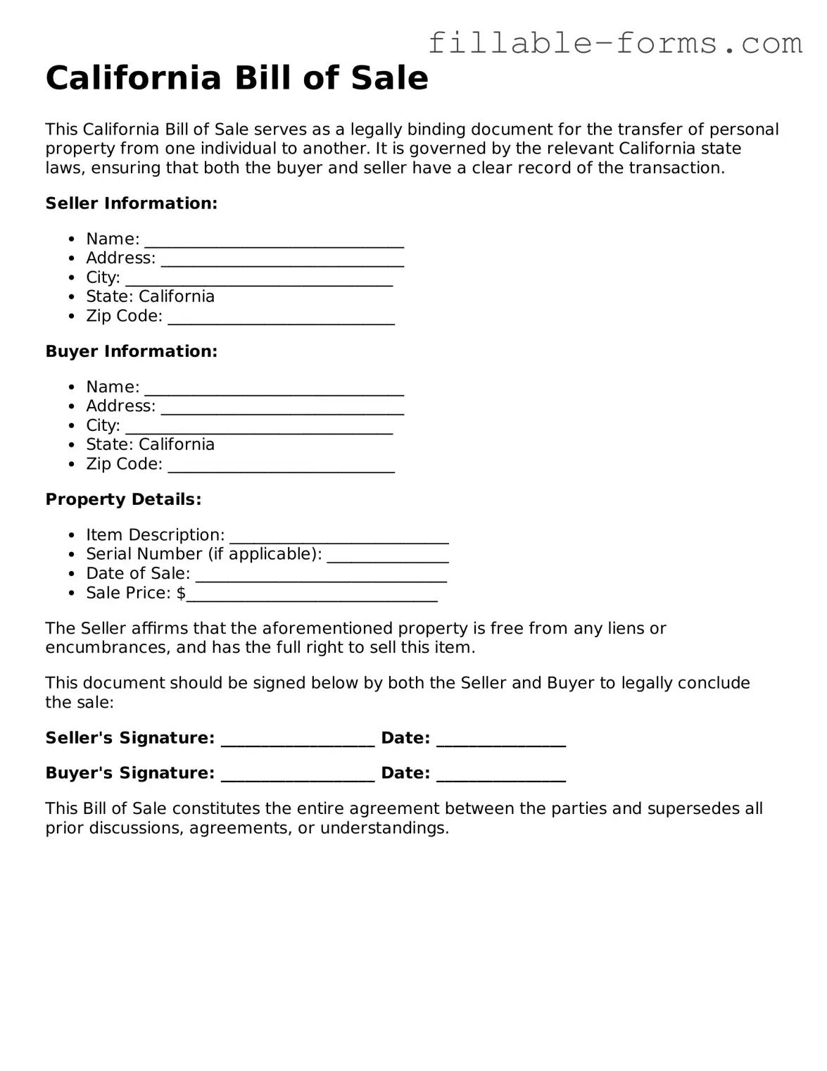 Printable  Bill of Sale Form for California