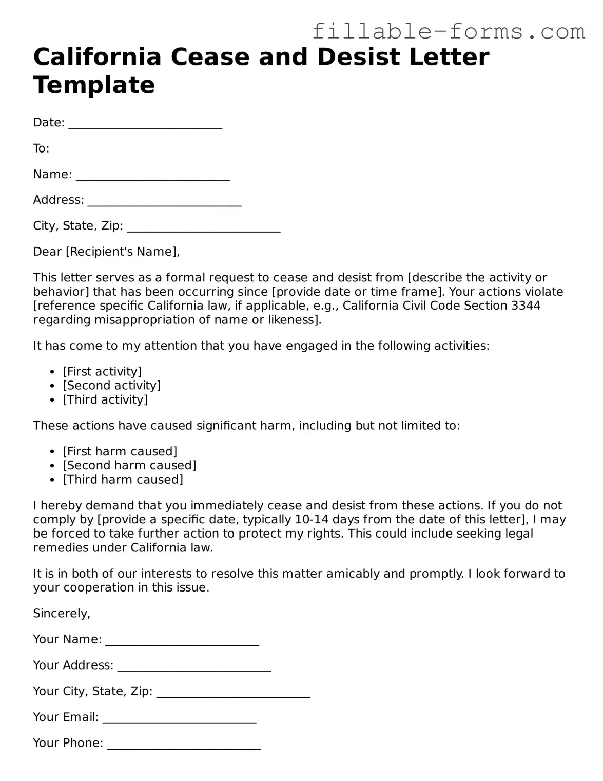 Printable  Cease and Desist Letter Form for California