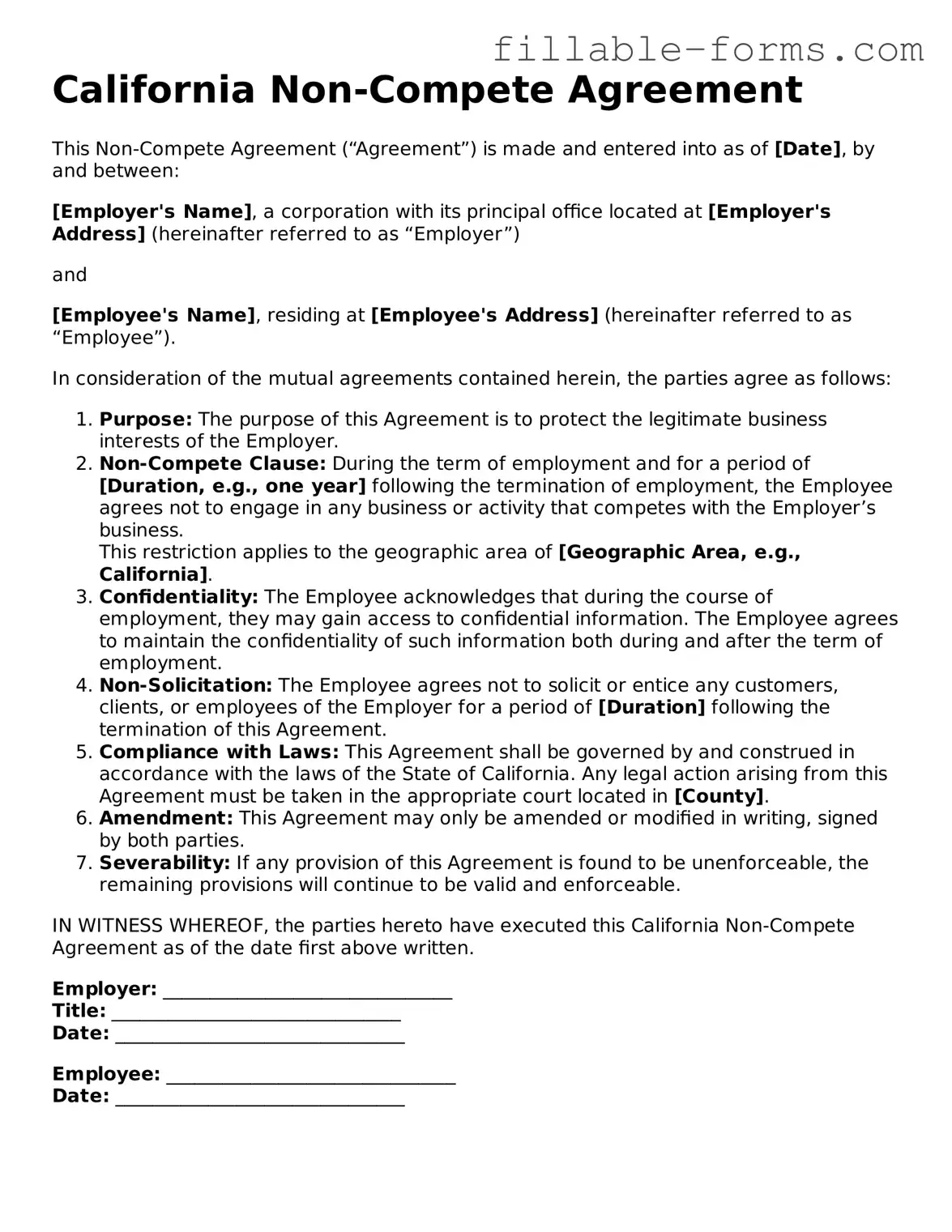 Printable  Non-compete Agreement Form for California