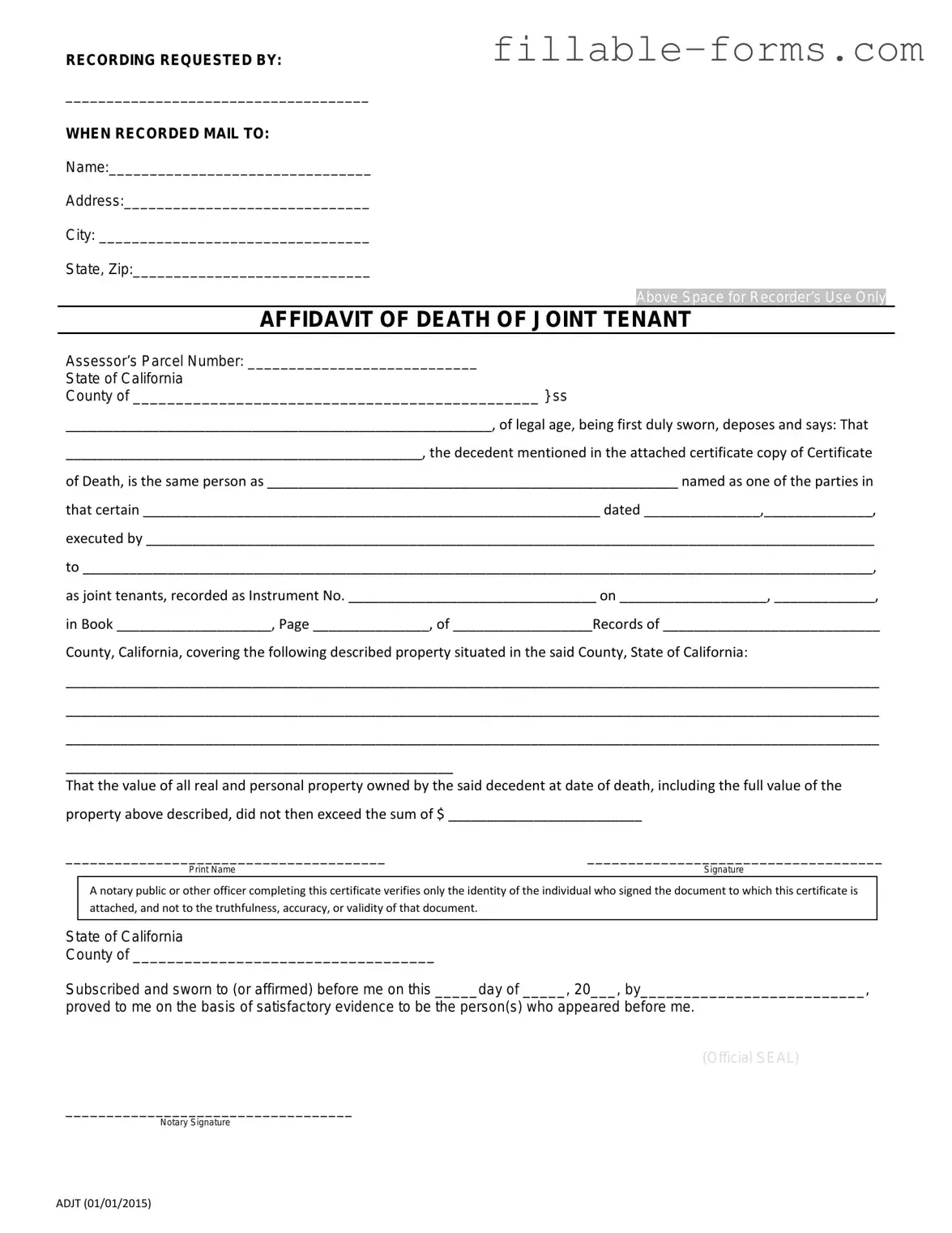 Fill Out a Valid California Death of a Joint Tenant Affidavit Template