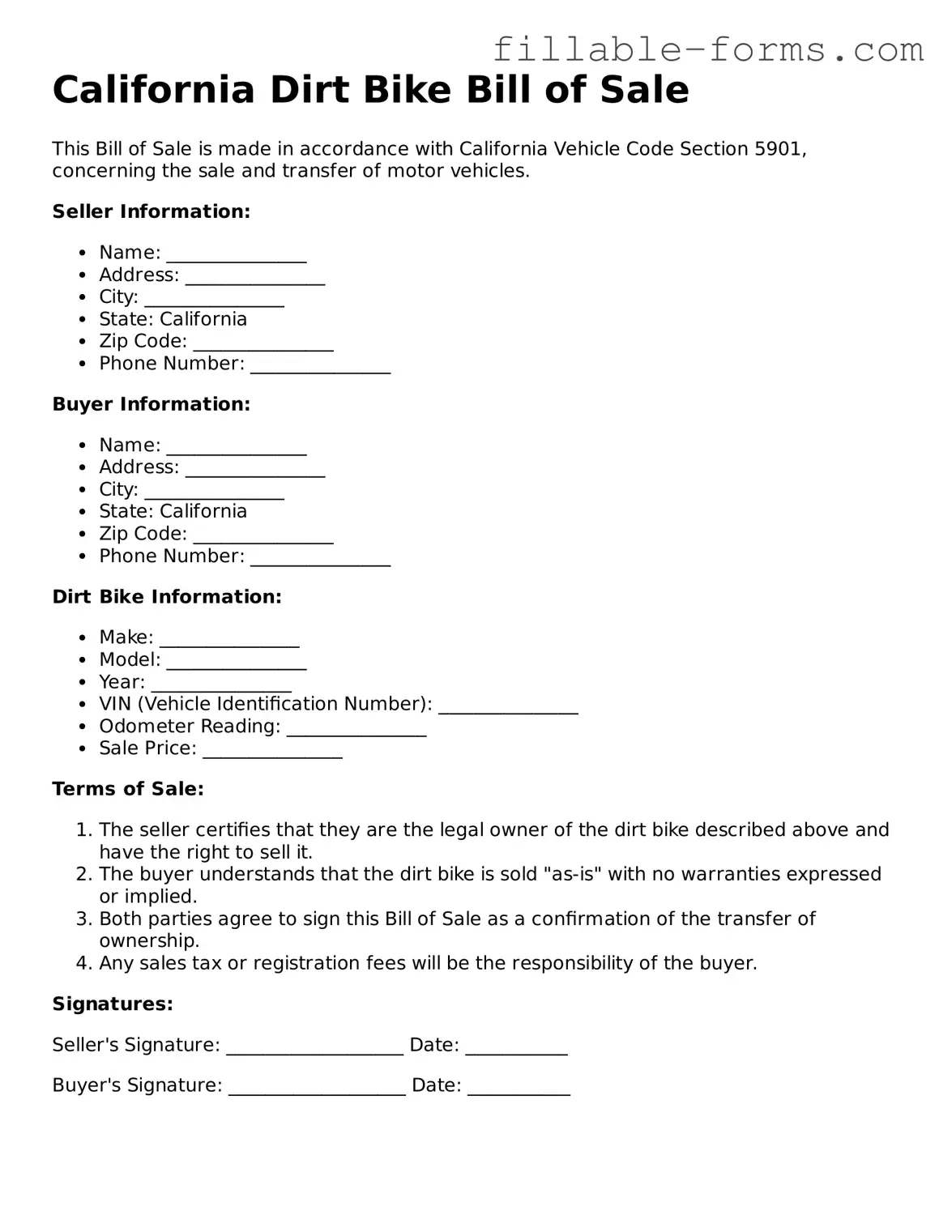 Printable  Dirt Bike Bill of Sale Form for California