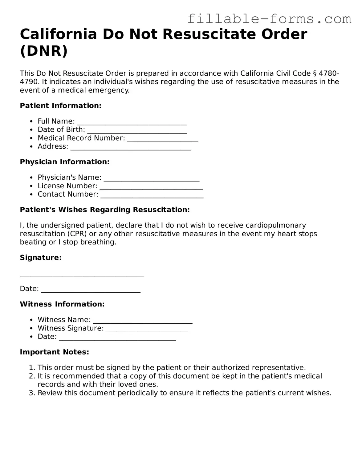 Printable  Do Not Resuscitate Order Form for California