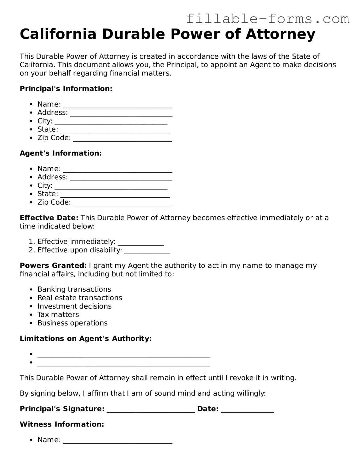 Printable  Durable Power of Attorney Form for California