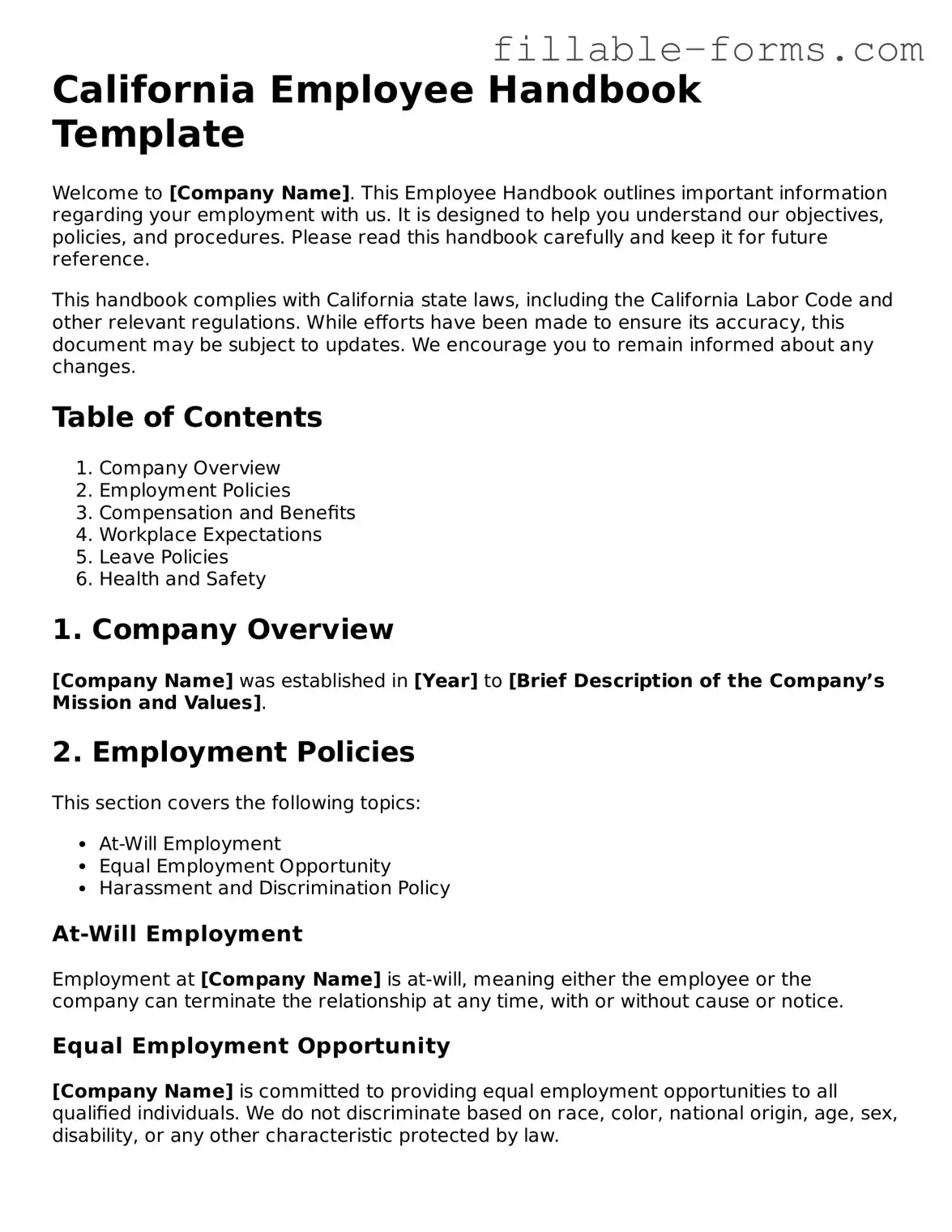 Printable  Employee Handbook Form for California