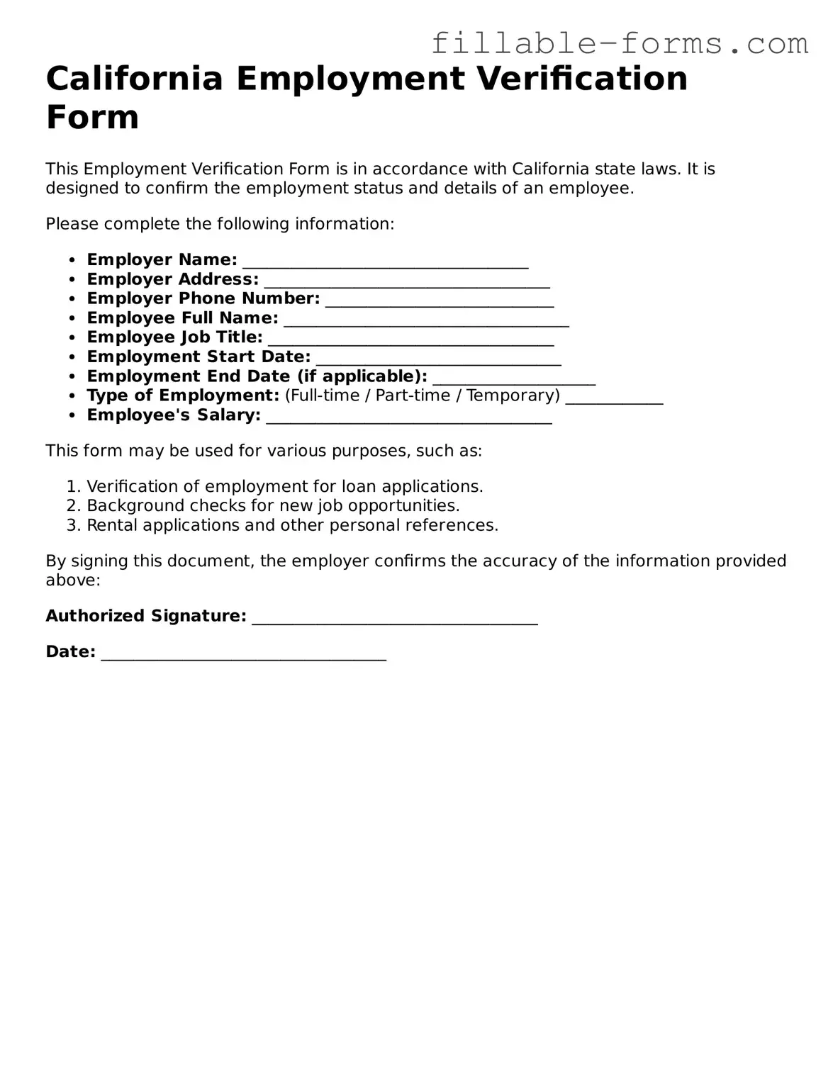 Printable  Employment Verification Form for California