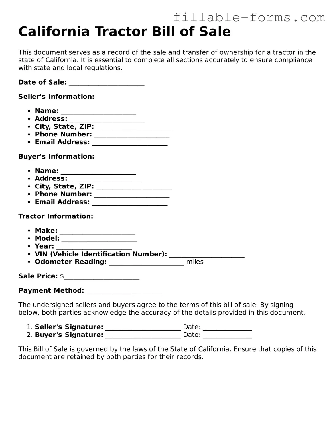 Printable  Tractor Bill of Sale Form for California