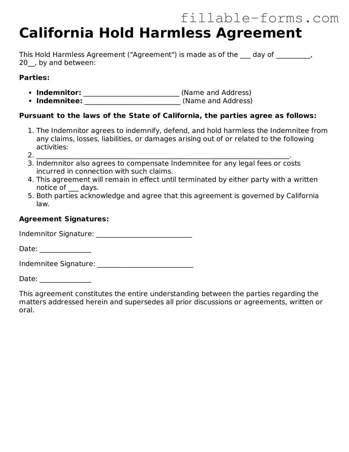 Printable  Hold Harmless Agreement Form for California
