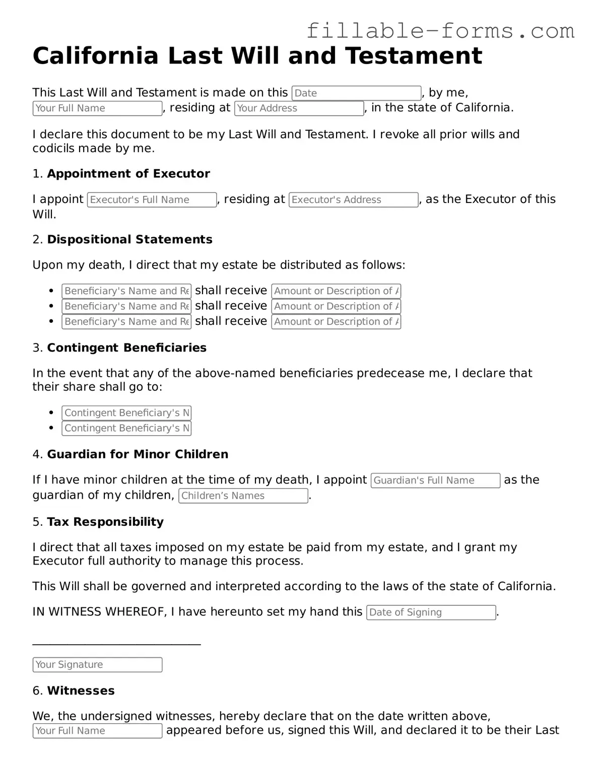 Printable  Last Will and Testament Form for California