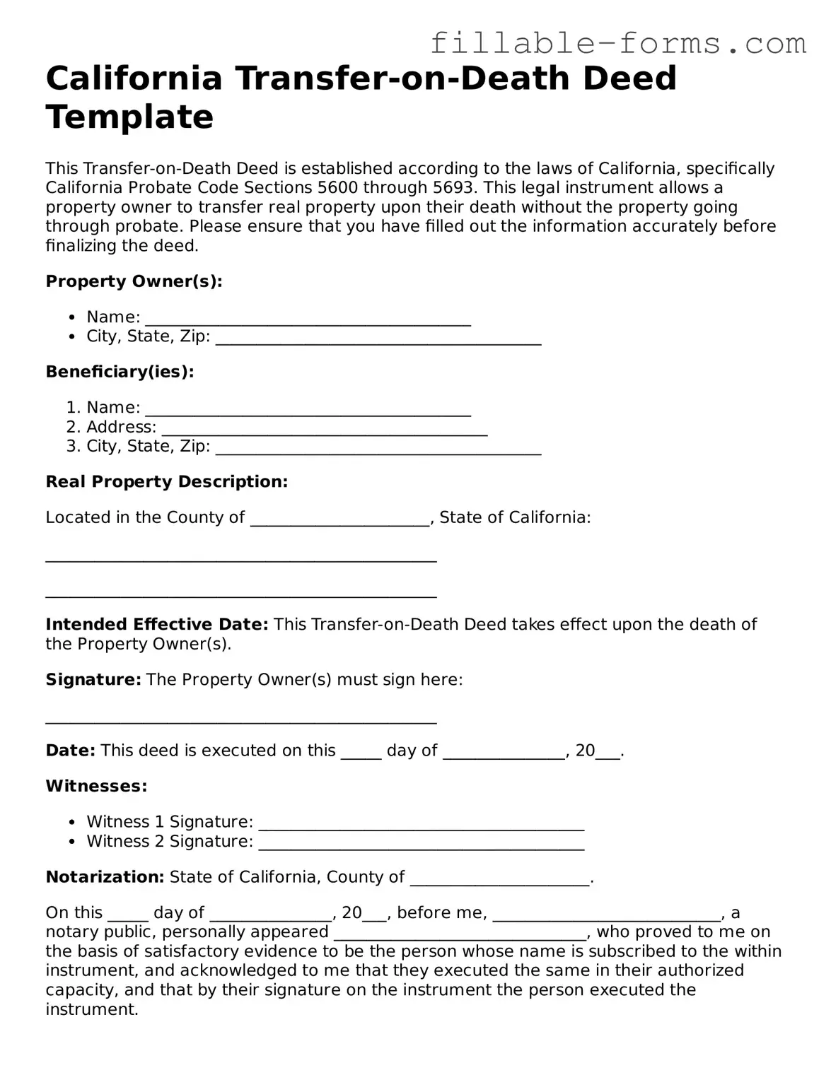 Printable  Transfer-on-Death Deed Form for California
